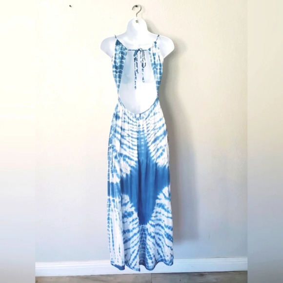 Lani Lau Hawaii Beautiful Blue & White Open Back Tie Dye Maxi Slip Dress Small - Picture 2 of 9